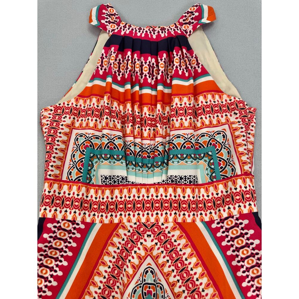 Eliza J Scarf Print Crepe De Chine Maxi Dress Keyhole Tie Pleated Boho Size 4 - Picture 7 of 13